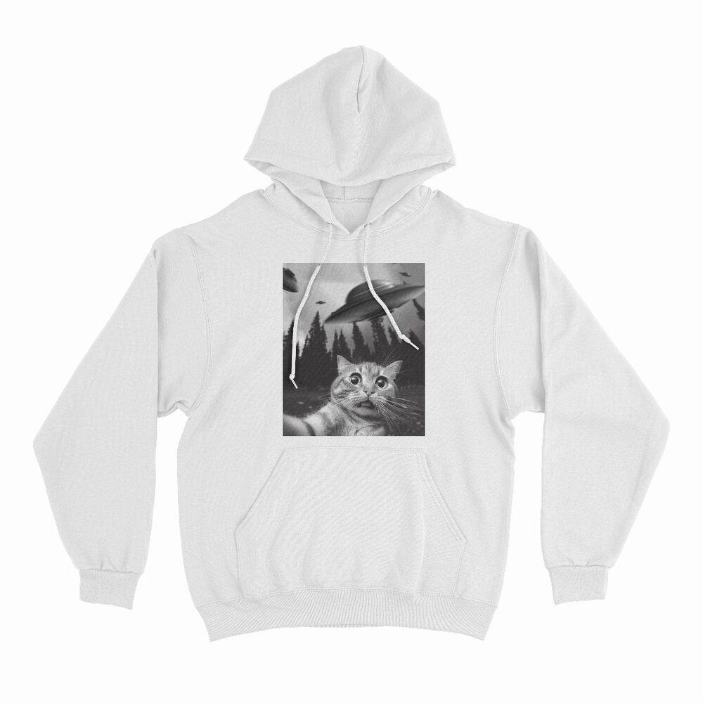Funny Cat Selfie with UFOs White Hoodie